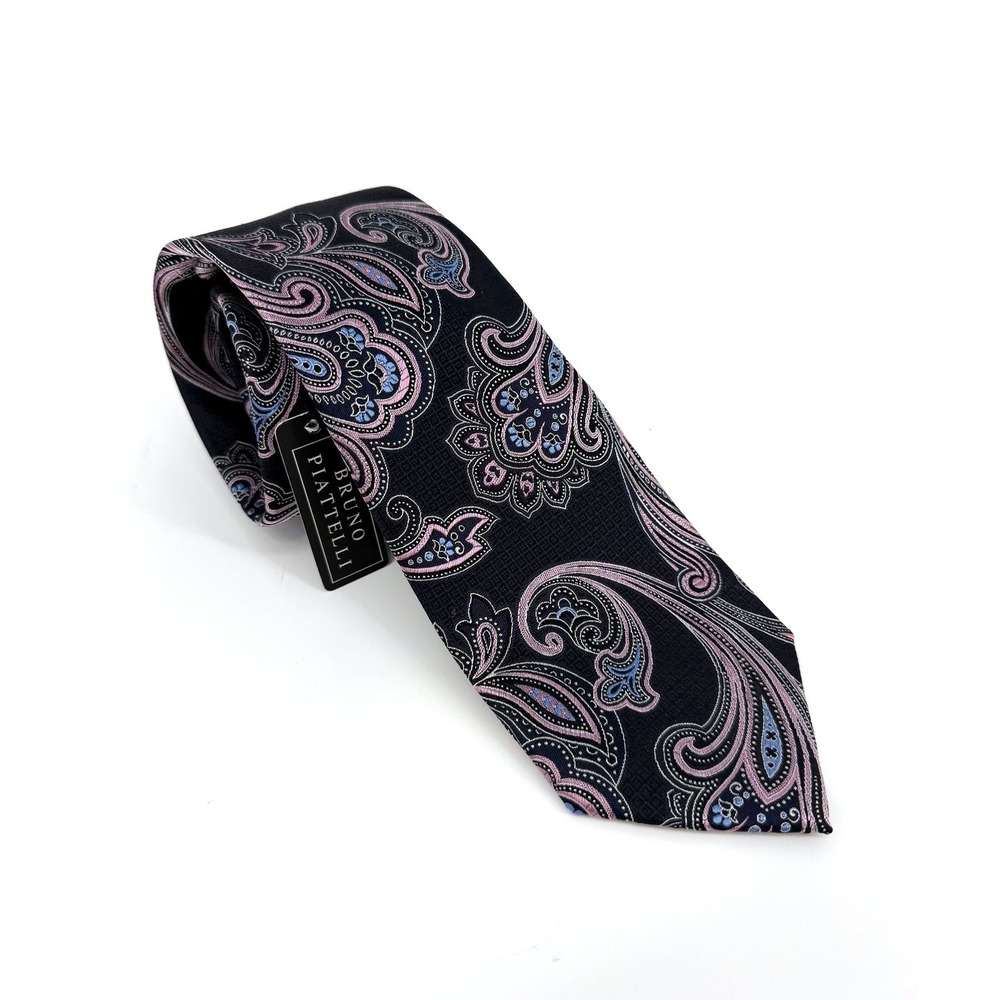 NEW Bruno‎ Piattelli Mens Silk Paisley Tie Black Pink Blue Hand Made